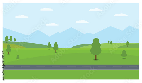 Customizable Landscape Vector – Road, Green Field & Mountains for Travel Blogs, Game Design & Clip Art – Editable AI, PNG