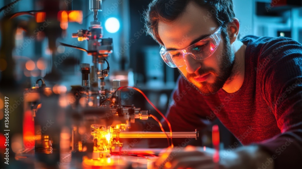 A quantum physicist researching quantum entanglement for secure communication systems, research lab with quantum computers, entanglement models A quantum physicist researching quantum entanglement for secure communication systems, research lab with quantum computers, entanglement models