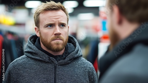 A thoughtful man gazing at another person indoors