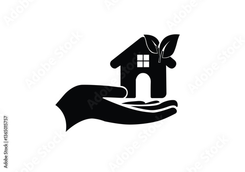 Eco House Vector Icon – Hand Holding Home with Green Leaf Roof for Sustainability, Charity & Community Campaigns