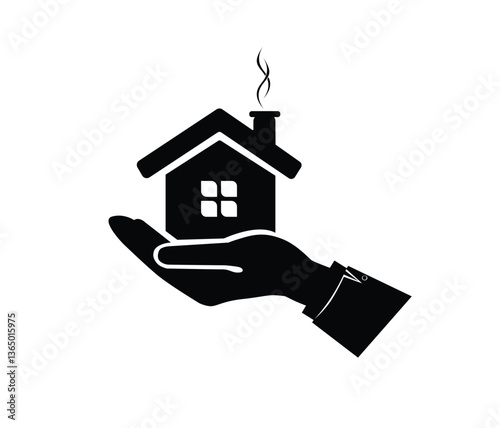 Black House Icon Vector – Minimalist Hand-Held Home for Affordable Housing & Eco-Village Branding – Editable EPS, AI