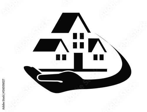 Black House Icon Vector – Minimalist Hand-Held Home for Affordable Housing & Eco-Village Branding – Editable EPS, AI