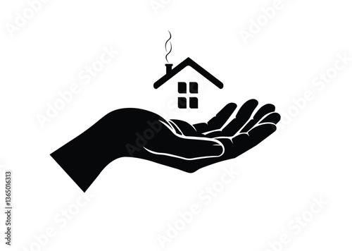 House in Hand Silhouette Vector – Symbolic Art for Charity, Eco-Friendly Housing & Community Support – Black & White Clipart – Editable EPS