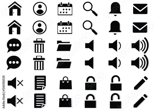 Universal Icon Pack – Calendar, Magnifying Glass, Bell, Folder & More for Apps, UI Design & Admin Panels – Editable EPS, AI