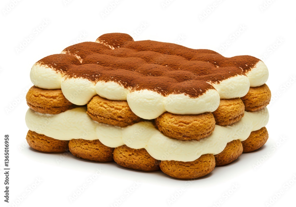 Authentic Italian coffee tiramisu with rich mascarpone cream and soft ladyfingers, elegantly presented on a white background Authentic Italian coffee tiramisu with rich mascarpone cream and soft ladyfingers, elegantly presented on a white background