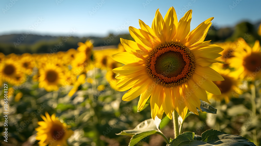Fototapeta premium sunflower, flower, summer, field, nature, yellow, sky, agriculture, plant, sun, blue, sunflowers, bright, leaf, blossom, flora, beauty, petal, blooming, flowers, plants, growth, petals, crop, color