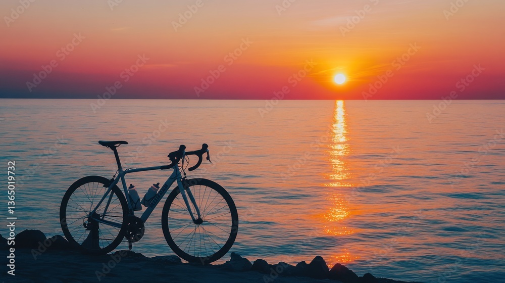 Fototapeta premium Sunset coastal road bike silhouette.