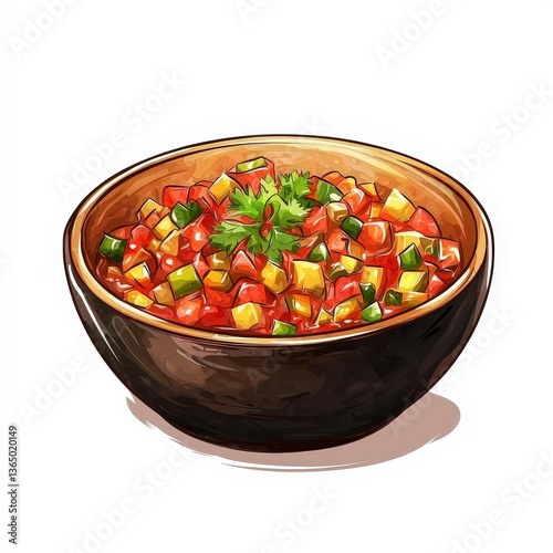 Mexican salsa national cuisine dish isolated on white background, colorful cartoon illustration