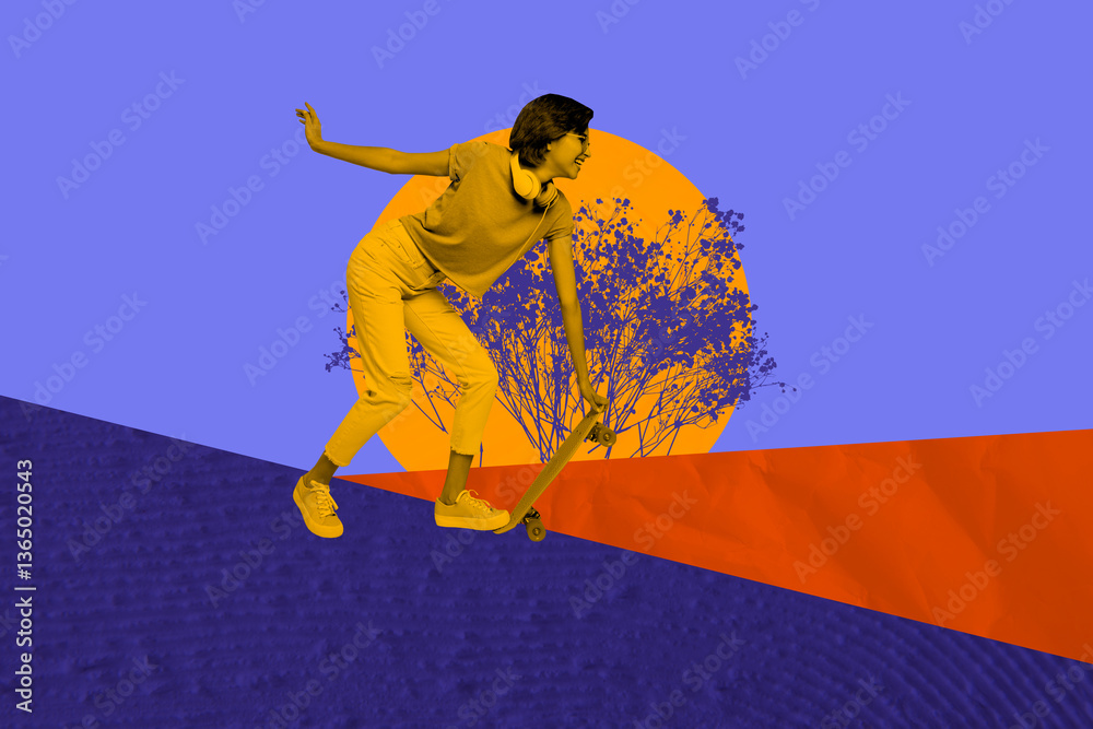 Naklejka premium Composite art 3d creative image collage of happy girl ride longboard activity spring park walk season blossom bush flower