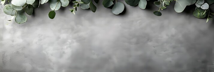 Eucalyptus branches border on gray concrete background with copy space. Top view. Flat lay
