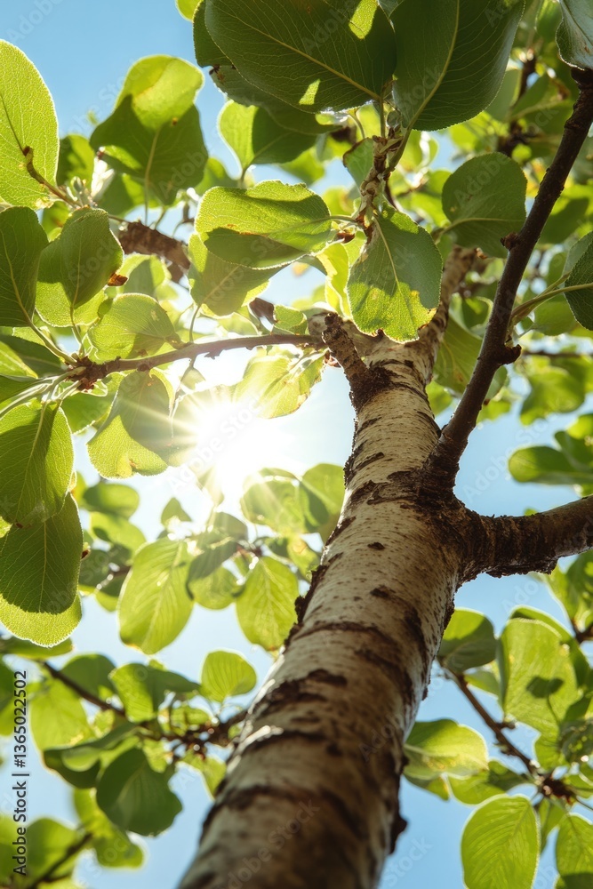 Fototapeta premium Callery Pear Blossom: Low Angle View of Sunlit Tree Branch in Nature