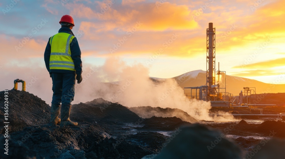 Obraz premium A renewable energy engineer working on advanced geothermal energy systems, geothermal plant with drilling rigs and energy interfaces visible, High-tech style