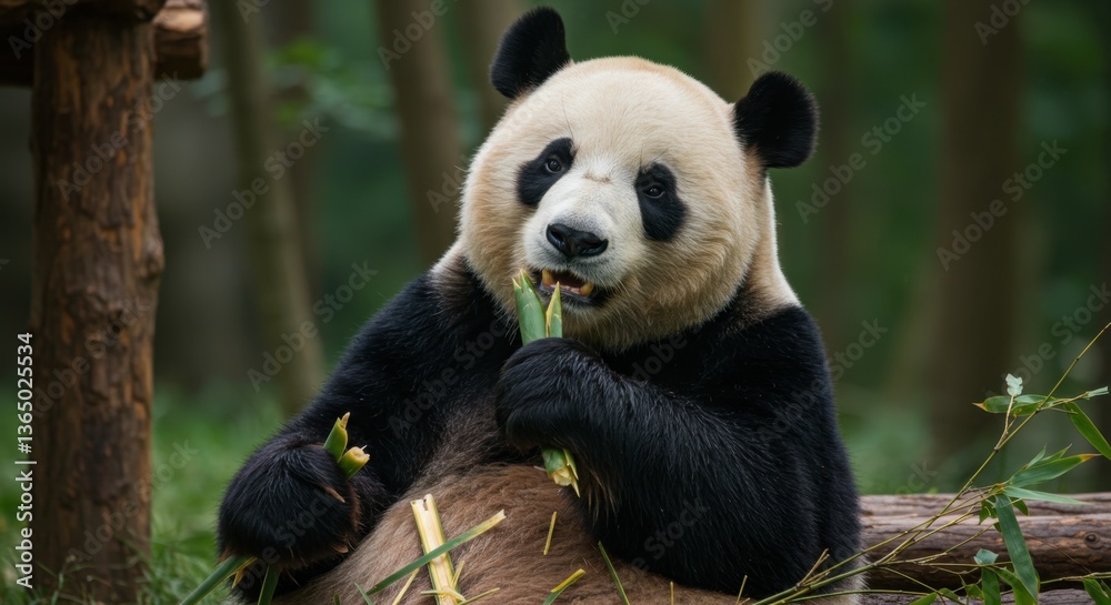Giant Panda Eating Bamboo in Nature Reserve Giant Panda Eating Bamboo in Nature Reserve