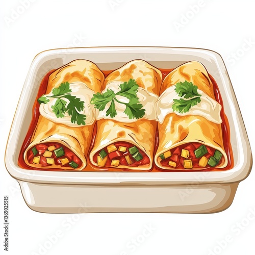 Mexican enchiladas national cuisine dish isolated on white background, colorful cartoon illustration