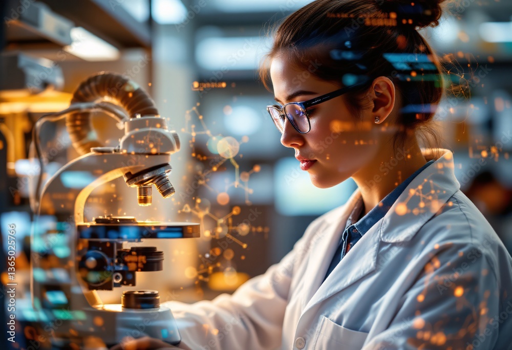 Naklejka premium Materials scientist in lab coat, double exposure merging microscope with atomic structure animations and graphene application diagrams