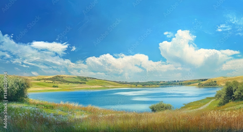 Fototapeta premium Castaic Lake Landscape: Panoramic Summer View of Blue Sky and Greenery