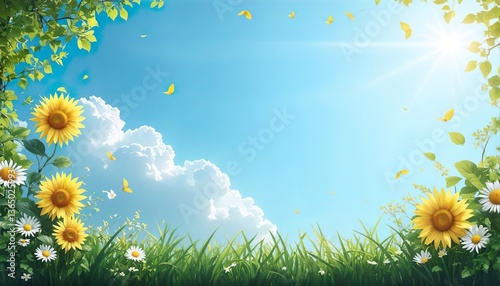 Fototapeta Naklejka Na Ścianę i Meble -  Summer positive banner, background, frame, blue sky surrounded by green grass, daisies and sunflowers, summer 2025