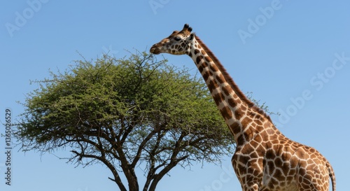 Giraffe Eating Leaves Acacia Tree Sunny Day
