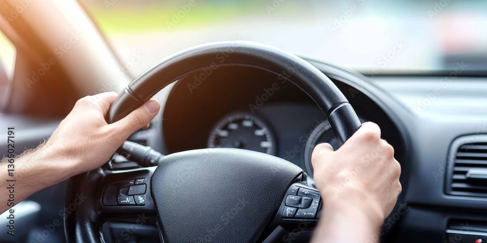 Man s Hands Grip Steering Wheel, Sunlight Through Windshield, Interior View of Modern Car