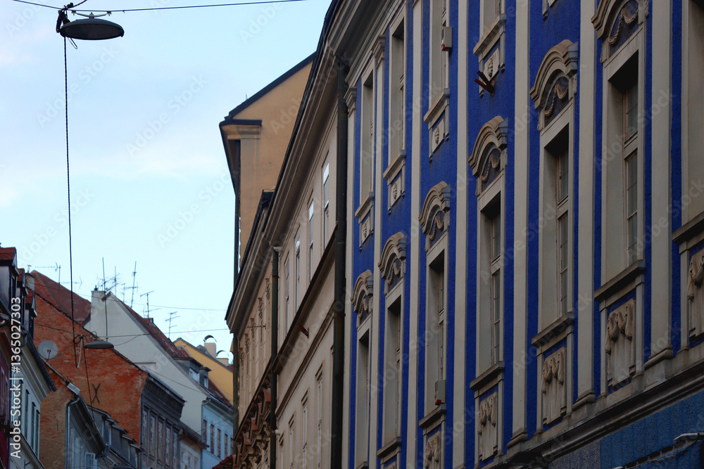 Colorful historic buildings in central Zagreb, Croatia.