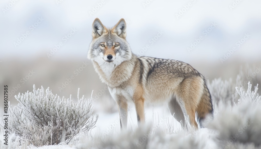 Obraz premium Majestic Coyote in a Wintry Landscape, A Lone Canine Predator Amidst the Frozen Beauty of Nature