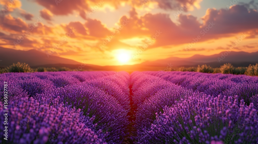 Fototapeta premium Rows of lavender towards sunset-purple and gold tranquility.
