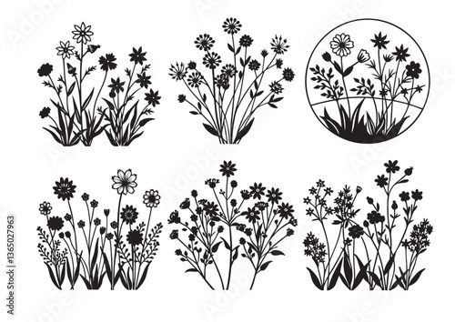 Wildflower Blooming Garden silhouette vector Set