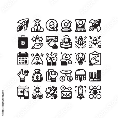 Set of hand-drawn ecology icons for web design including symbols for business, media, phone, food, music, and school