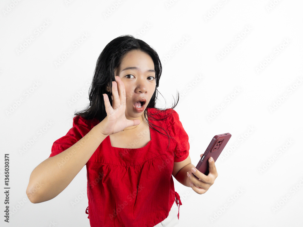 Naklejka premium A young beautiful Asian woman wearing red t-shirt and holding her phone is shouting and screaming loud with a hand on her mouth, isolated by white background.