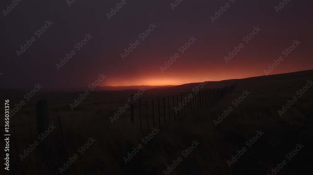 Sunrise over a field with a fence; tranquil rural scene; possible use nature, landscape photography Sunrise over a field with a fence; tranquil rural scene; possible use nature, landscape photography