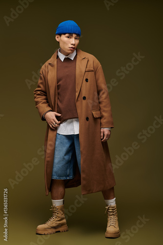 Stylish young Asian man exudes confidence in trendy attire against a minimalist backdrop