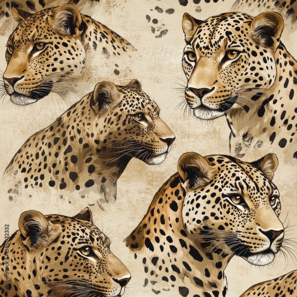 Naklejka premium Artistic depiction of several leopard heads in repeating patterned formation