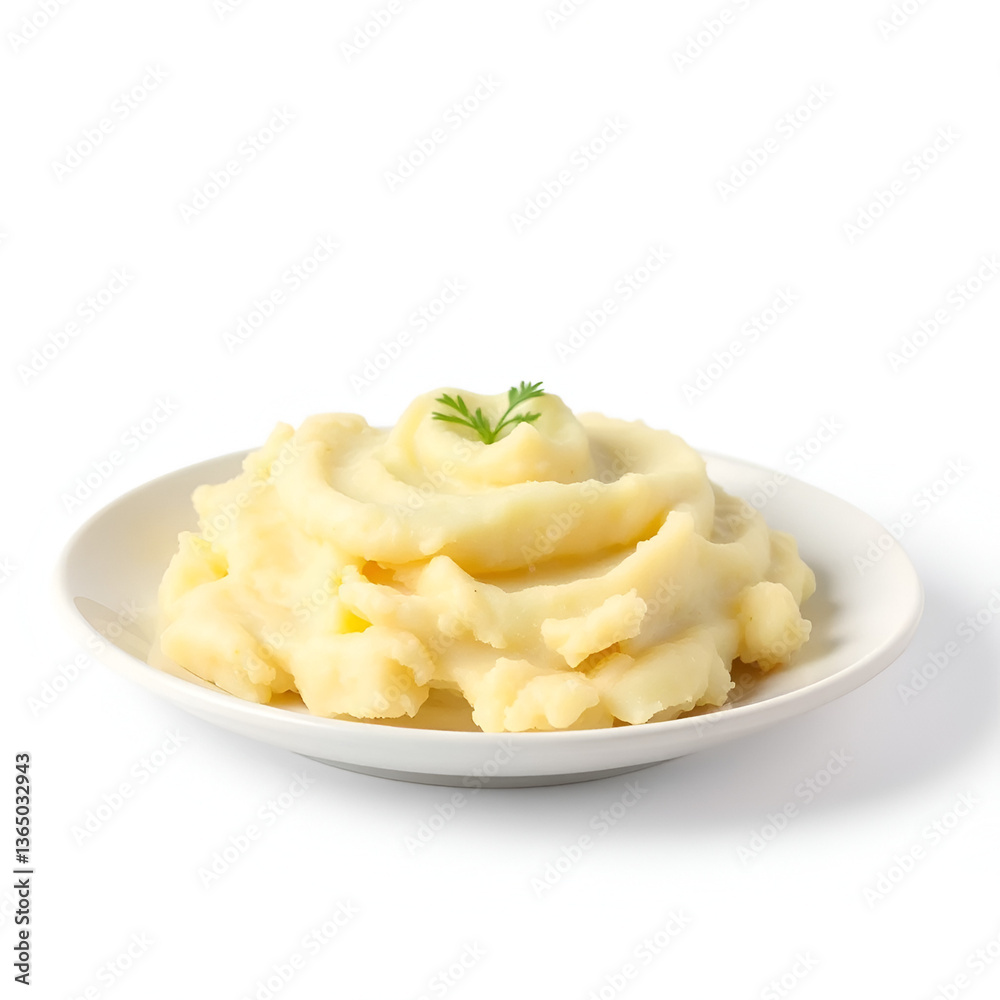 Mashed potatoes on plate, isolated on white background Mashed potatoes on plate, isolated on white background