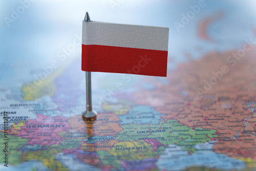 Poland map with a pin showing the national flag. Close-up view. Travel, geography, and politics concept.
