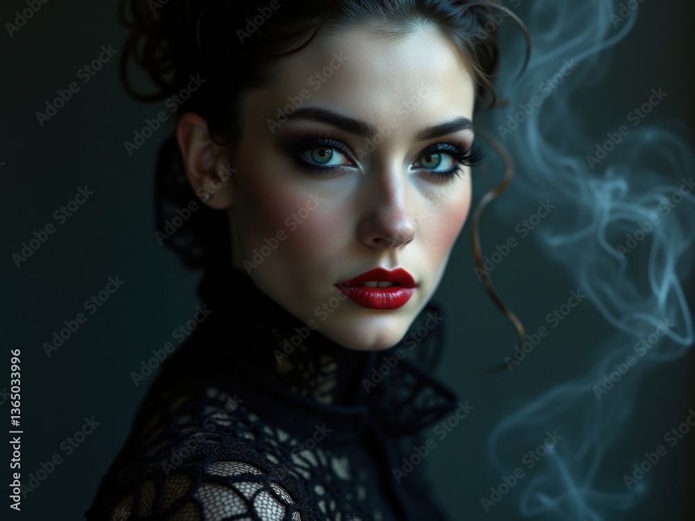 Fototapeta premium Elegante retrato femenino inspirado en la moda que presenta patrones de luz artísticos, una estética melancólica y una fusión de técnicas de fotografía creativa