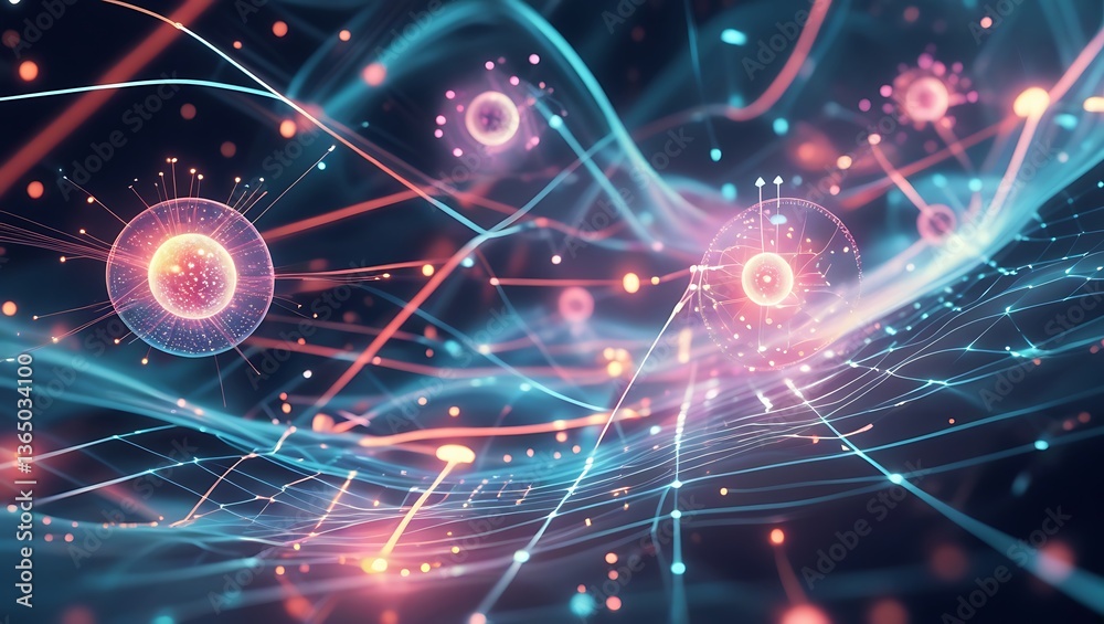 Fototapeta premium Quantum Computing Concepts Visualized Abstractly, Quantum Entanglement, Superposition, Qubits, Digital Future