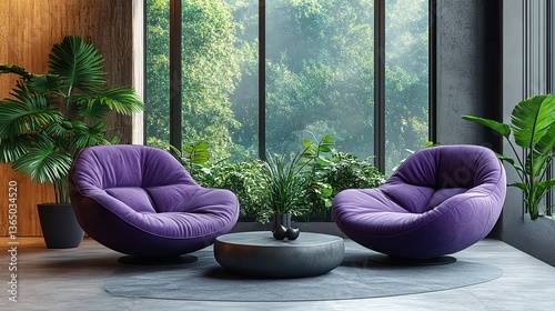 Stylish purple office lounge with modern chairs and green plants.