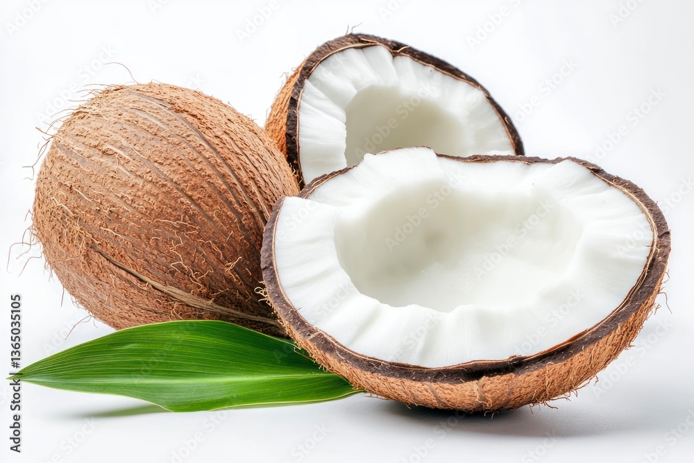 Three Fresh Coconuts with One Cut Open on a White Background Three Fresh Coconuts with One Cut Open on a White Background