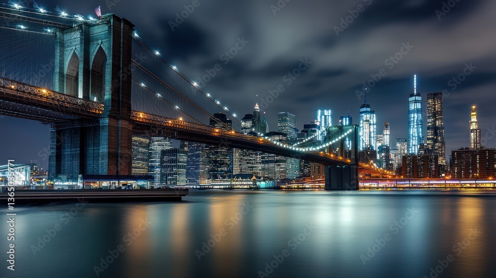 Fototapeta premium Night cityscape, Brooklyn Bridge, Manhattan skyline, river reflection, urban travel
