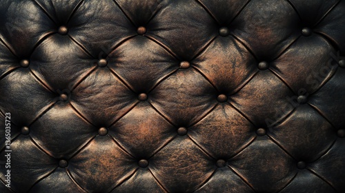 Detailed close up of a tufted brown leather surface