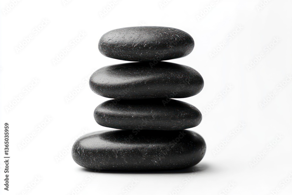 Stacked Black Stones Creating a Zen-like Balance on White Background Stacked Black Stones Creating a Zen-like Balance on White Background