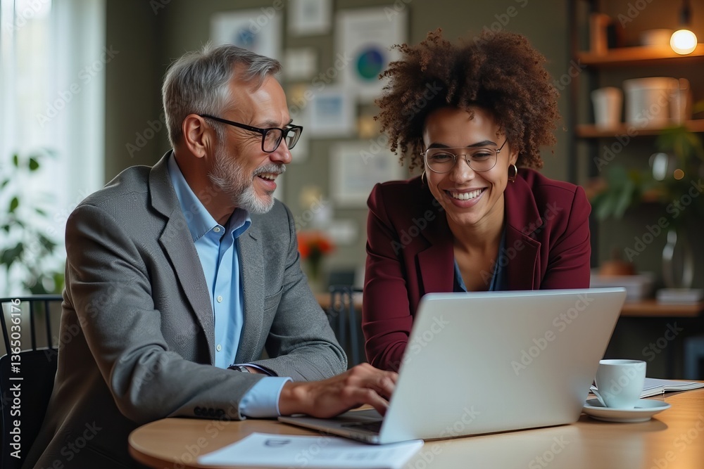 Fototapeta premium Collaborating on a project while sharing a laptop screen.