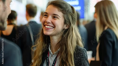 Wallpaper Mural A businesswoman with a subtle smile and bright eyes stands confidently in a vibrant conversation space, her professional attire highlighting her calm and approachable nature. Torontodigital.ca