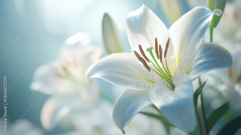 Fototapeta premium Elegant White Lily Flower in Soft Blue Background with Natural Light