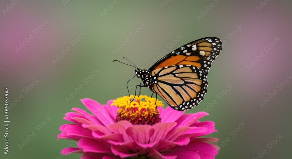 Monarch Butterfly on Pink Zinnia Flower Monarch Butterfly on Pink Zinnia Flower
