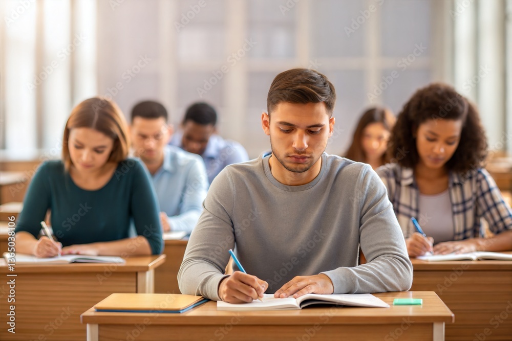 Students taking an exam in a university classroom, focused on writing answers. Concept of education and academic assessment. (Education) Students taking an exam in a university classroom, focused on writing answers. Concept of education and academic assessment. (Education)