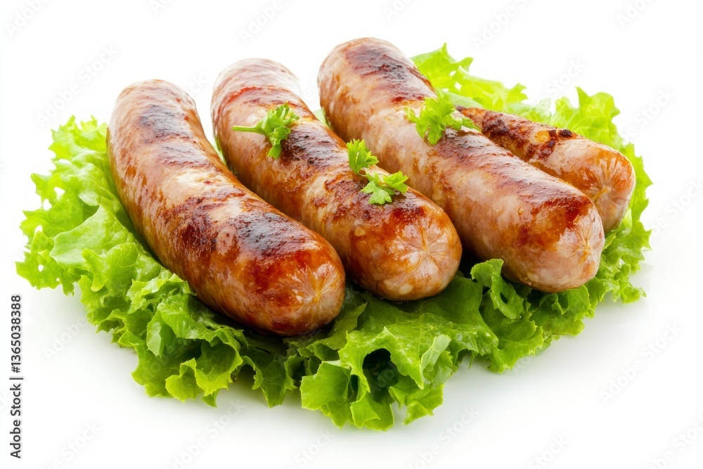 Grilled Sausages Served on Fresh Lettuce Isolated on White Background Grilled Sausages Served on Fresh Lettuce Isolated on White Background