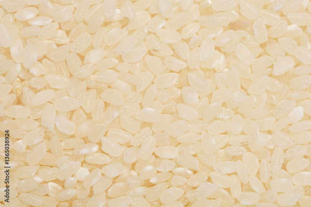 A close-up, overhead shot of a pile of dry, uncooked sushi rice, showcasing its texture and color A close-up, overhead shot of a pile of dry, uncooked sushi rice, showcasing its texture and color