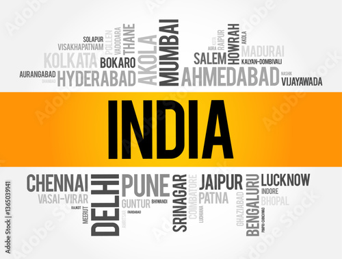 List of cities in India word cloud collage, business and travel concept background
