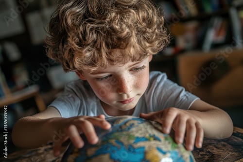Young boy with curly hair exploring a tactile globe in a room, learning geography through hands-on experience